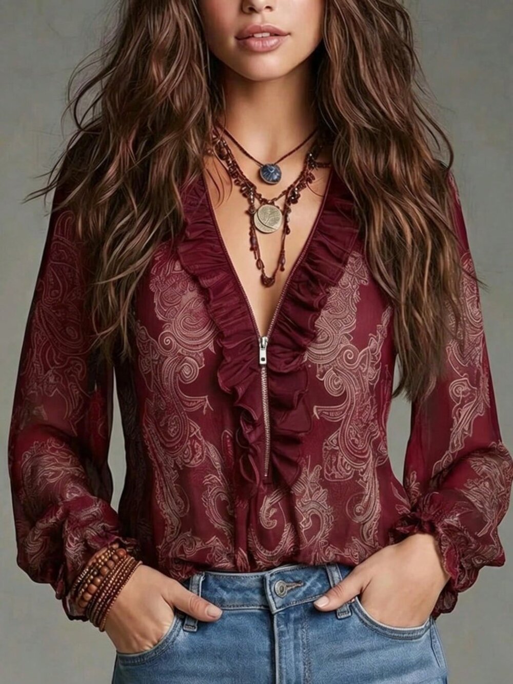 Dark Red Elegant Women's Paisley Floral Ruffle Zip Chiffon Blouse